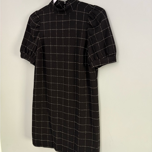 LOFT Windowpane Mock Neck Puff Sleeve Dress Black 0P - Picture 3 of 11